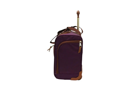 Side view of lightweight 15 inch carry on luggage with dual spinner wheels, purple underseat weekender bag for travel on the go.