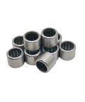 Ten Piece Stainless Steel One Way Clutch Needle Roller Bearings for Fishing Reels and Shop Projects Smooth Rotation in a stacked arrangement.