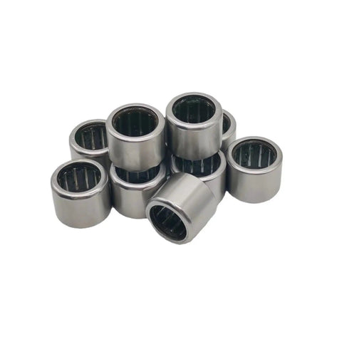 Ten Piece Stainless Steel One Way Clutch Needle Roller Bearings for Fishing Reels and Shop Projects Smooth Rotation in a stacked arrangement.