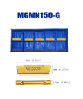 Set of MGMN150 inserts for Three Eighths Inch Lathe Grooving And Cutoff Tool Holder with dimensions, shown in a blue case.