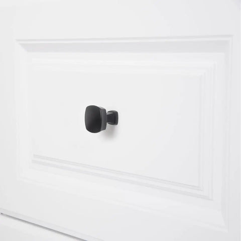 Flat Black Rounded Square Cabinet Knob Set No Brainer Install, 1.26 Inch Diameter, 1.29 Inch Projection on white cabinet