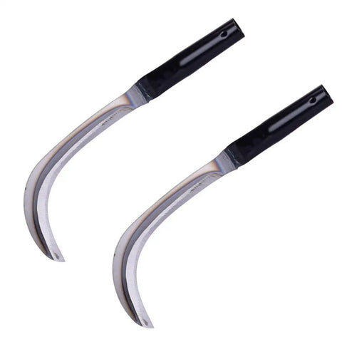 Beast Steel Reaping Hook For Gardening 2-Piece Set With Ergonomic Handle, shown in manganese steel with curved blades