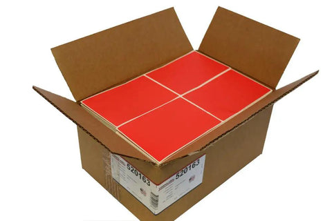 Essential 4X6 Red Fanfold Direct Thermal Shipping Labels With Heavy Duty Permanent Adhesive For Warehouse Barcodes And Package Logistics Packs Four Thousand Crisp Sheets in an open cardboard box.