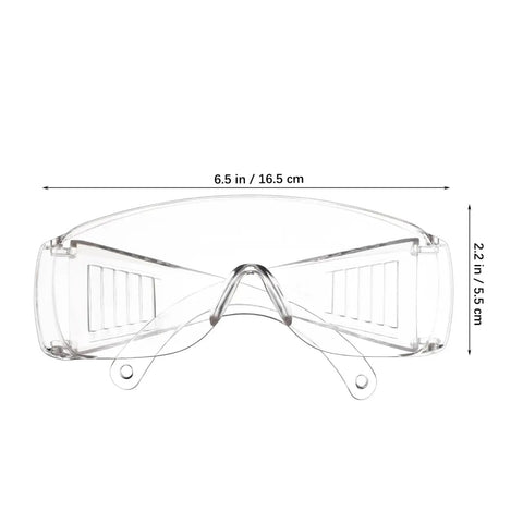 Real Deal 6 Pack Clear Lab Safety Glasses Featuring Ventilated Side Shields And Lightweight Wraparound Design For Shop Splashes And Daily Eye Protection Making Work A Breeze - Front view with dimensions 6.5x2.2 in.