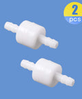 Two white 1/4-inch inline check valves with barbed hose fittings, ozone-resistant plastic