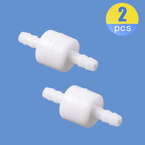Two white 1/4-inch inline check valves with barbed hose fittings, ozone-resistant plastic