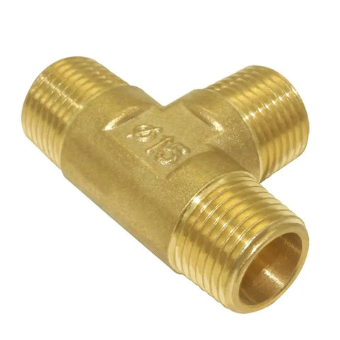 Brass Pipe Fitting Barstock Tee 3 Way NPT Half Inch Tee Pack Of Two For DIY Home Plumbing Projects, side view of brass tee