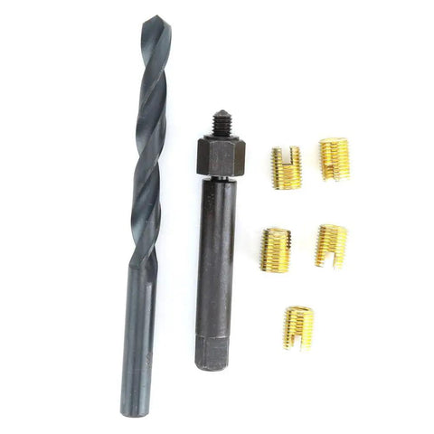 12 Piece Thread Repair Kit M6x1 Self Thread Inserts With Drill Bit And Installation Tool For Damaged Threads No Tap Needed Quick Fix For Bad Threads And Solid Screw Retention. Drill bit and brass inserts