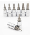 Ultimate 8-Piece 1/4 Inch Hex Torx Screwdriver Bit Set Featuring Heavy Duty T8 Through T40 Bits With Rugged Design For Maximum Grip And High Torque Power To Crush Rusty Bolts And Tighten Screws Like A Boss Without Bending Or Breaking. 1/4-inch chrome vanadium bits in sockets