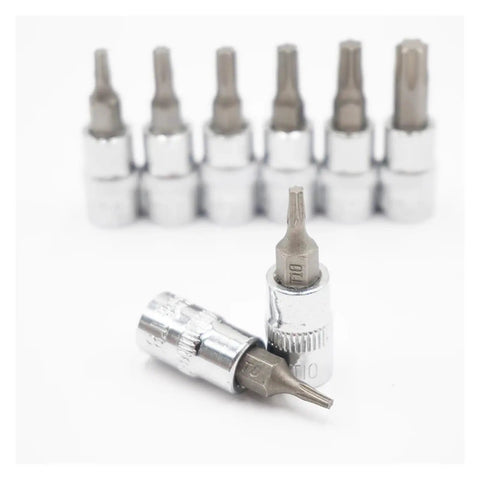Ultimate 8-Piece 1/4 Inch Hex Torx Screwdriver Bit Set Featuring Heavy Duty T8 Through T40 Bits With Rugged Design For Maximum Grip And High Torque Power To Crush Rusty Bolts And Tighten Screws Like A Boss Without Bending Or Breaking. 1/4-inch chrome vanadium bits in sockets