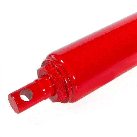 Red hydraulic ram jack cylinder end with clevis pin hole (close-up)