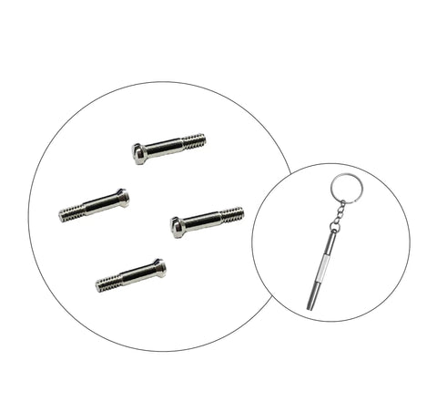 Top Notch Replacement Temple Screws For Wayfarer RB2140 Sunglasses with silver hinge pins and compact screwdriver tool.