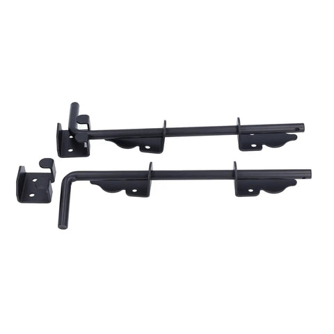 12 Inch Gate Drop Rod, Black Powder Coated Steel for Fences with mounting brackets, sturdy and durable design.