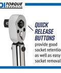 3/8-Inch Drive Adjustable Micrometer Torque Wrench Pro Grade for Precision Fastening, 10 To 100 Ft-Lbs Range showing quick release buttons.