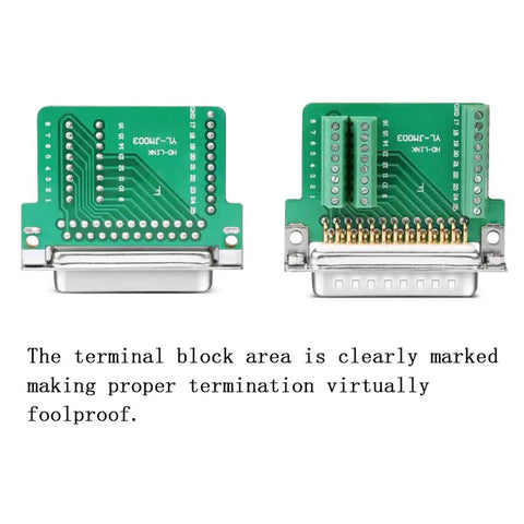 DB25 Solderless Connector 10 Piece Set With Five Male And Five Female Pins 16mm Thin RS232 Serial Port Breakout Board. View of terminal block.