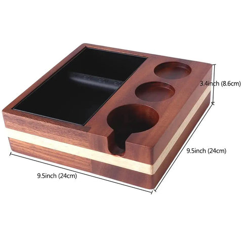 All In One Barista Grade Coffee Knock Box With 58mm Tamper, Distributor Holder, Portafilter Stand And Tamper Holder Station In Walnut Wood, Detachable Stainless Steel Knock Box