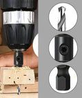 Countersink drill bit set (4 pcs) with 1/4 in hex shank and L-wrench; drilling wood (installed view).