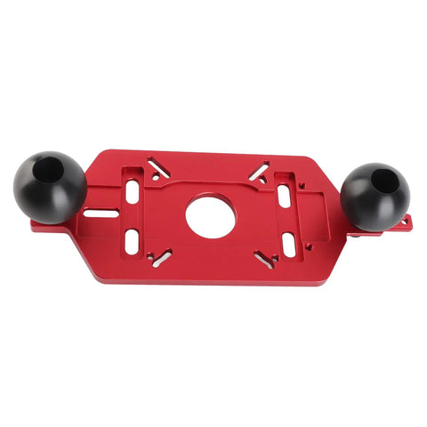 Rock Solid Aluminum Router Base Plate Adjustable Clamp Sub Base Platform With Easy Grip Handle For Precision Wood Trimming Milling Slotting Quick Install Shop Ready Zero Play Fine Finishes in red with black grips.