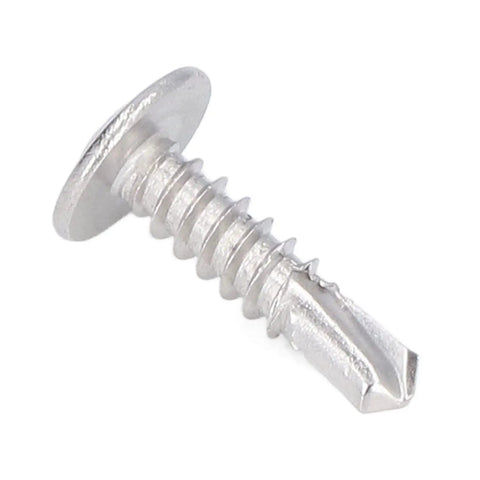 Close-up of self drilling screw with round washer head in 304 stainless steel for wood and metal rust resistant M4 8x19 fasteners