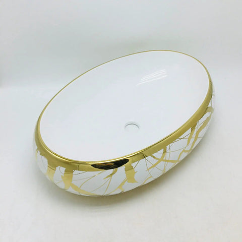 Sleek Gold Ceramic Vessel Sink Oval Bathroom Basin With Luxe Shine For Quick Vanity Upgrades Smooth Daily Routines And Fast Room Makeovers Turn Your Wash Setup Into A Total Flex white interior with gold leaf accents