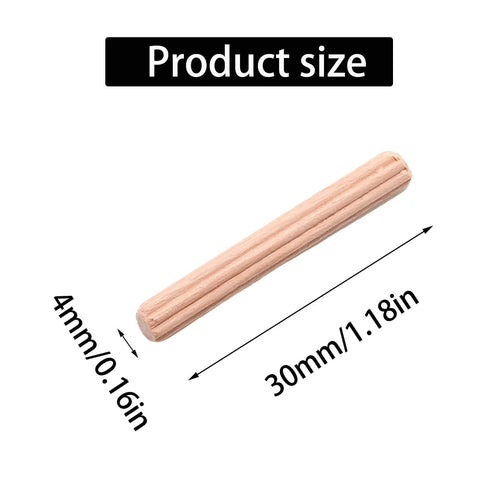 Wooden Dowel Pin Set 48 Pcs, 4mm By 30mm And 5/32 Inch By 1.18 Inch, single pin with fluted design, measured dimensions shown.