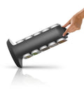 Hand tilting black 30 Pod Capacity Single Serve Coffee Pod Storage, Countertop Carousel Organizer In Black showing side view