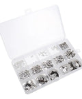 Premium Stainless Steel External Retaining Rings Assortment Snap Ring Kit 400pcs Circlip Set in clear case showing various sizes.