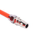 Close-up of Hella Smooth Flex Eva Air Compressor Hose Featuring No Sweat Quick Connect Ends, showing metallic connector and orange hose.