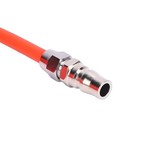 Close-up of Hella Smooth Flex Eva Air Compressor Hose Featuring No Sweat Quick Connect Ends, showing metallic connector and orange hose.