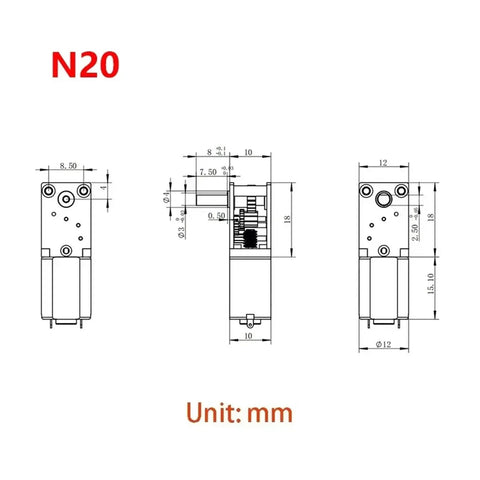 Technical drawing of Micro Worm Gear Motor 050 N30 N20 3V To 12V DC Right Angle Output Shaft All Metal Gearbox Slow Speed Reduction