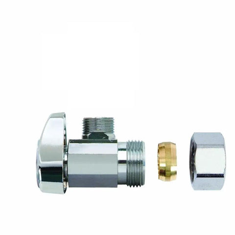Four-Pack One Half Inch Nominal Compression To Three-Eighth Inch OD Outlet Chrome Plated Brass Quarter Turn Angle Stop Valve No Nut Or Sleeve