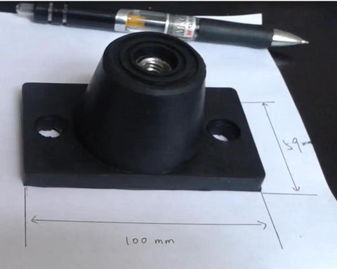 4 Pack M10 Rubber Floor Mounted Vibration Isolators for Air Conditioner Outdoor Unit and Machine Shock Absorber Brackets shown with dimensions, black rubber pad, easy install.