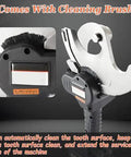 Heavy Duty Ratchet Cable Cutter Chops Through Thick Copper Aluminum And ACSR Wiring Quick With Solid Charge Lithium Batteries And Ergonomic Non Slip Handle For Effortless Pro Electrical Work, featuring attached cleaning brush.