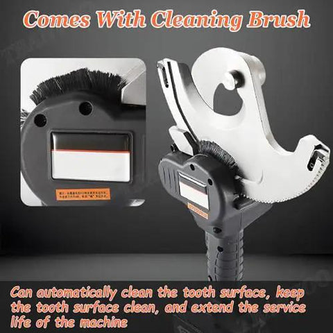 Heavy Duty Ratchet Cable Cutter Chops Through Thick Copper Aluminum And ACSR Wiring Quick With Solid Charge Lithium Batteries And Ergonomic Non Slip Handle For Effortless Pro Electrical Work, featuring attached cleaning brush.