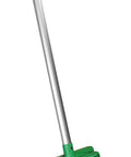 Real Deal Upright Commercial Dustpan With A 30 Inch Aluminum Handle and Serrated Broom Comb Edge for standing facility cleanup in green.