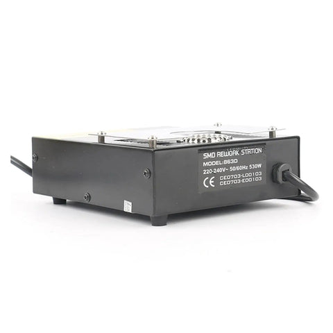 Back view of Digital 863D Soldering Preheating Station with 530W pro grade hot and cold air gun and power specifications.