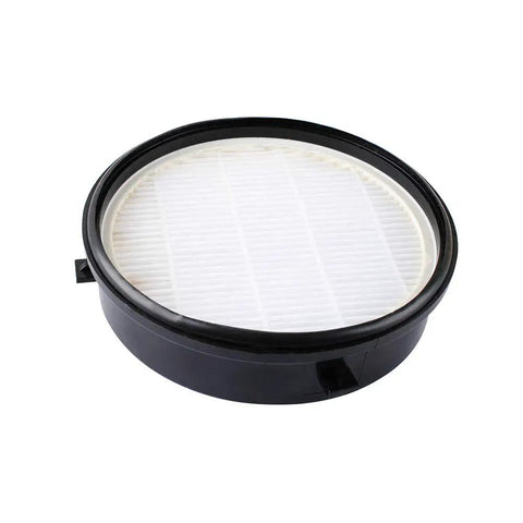 Close-up of Pet Hair Eraser Upright Vacuum Filter For 1650 Series Febreze Models showing circular white mesh filter and black frame.