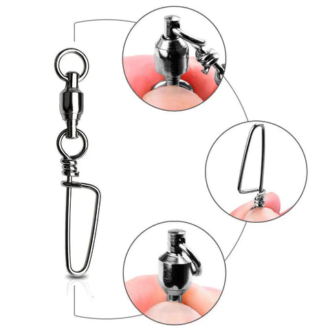 Beefy Snap Swivels With Ball Bearing Free Rotation Black Nickel Barrel Swivels For Saltwater And Freshwater Fishing Copper Body Stainless Steel Safety Snap Size Five 20 Pcs close-up