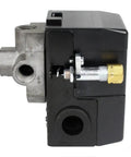 Side view of Workhorse Air Compressor Pressure Switch With Unloader Valve 95 To 125 PSI Four Port One Quarter Inch Npt Connections.