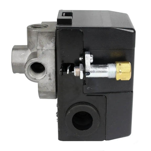 Side view of Workhorse Air Compressor Pressure Switch With Unloader Valve 95 To 125 PSI Four Port One Quarter Inch Npt Connections.