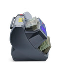 Side view of bank grade bill counter with batch value and total denomination calculator, multi currency money counter with 300 bill hopper.