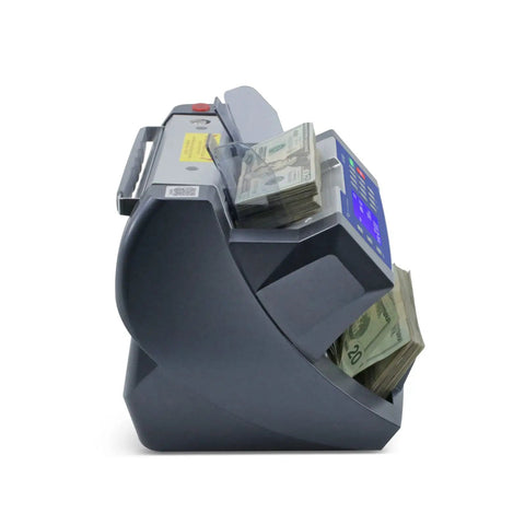 Side view of bank grade bill counter with batch value and total denomination calculator, multi currency money counter with 300 bill hopper.
