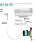 Diagram showing 120W Water Pressure Booster Pump Delivers 21.75 PSI for Home Shower and Kitchen integration with a water heater.