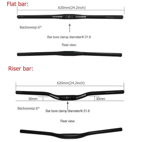 Aluminum Alloy Flat Bike Handlebar 31.8mm Clamp 620mm Length For Mountain And Road Bikes Matte Black, shown with specs
