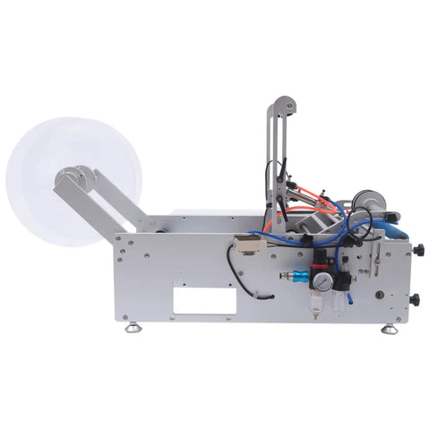 No Sweat Semi Automatic Round Bottle Labeling Machine Smooth Operator Label Applicator side view with white label roll.