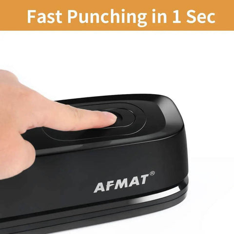 Electric 3 Hole Punch For Binders, 20 Sheet Capacity, Quick Start Button close-up, finger pressing button