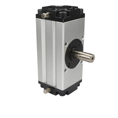 Heavy Rack And Pinion Rotary Actuator Pneumatic Cylinder, silver and black, designed for automation applications up to 180 degrees.