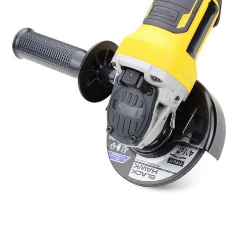 Angle grinder with 4.5-inch depressed-center metal grinding wheel installed (1/4 in thick, 7/8 in arbor)
