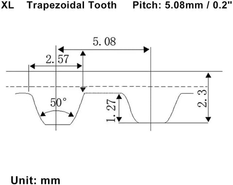 Diagram of Industrial Timing Belt 150XL Series Three Eighths Inch Wide, 75 Teeth, Five Point Oh Eight Millimeter Pitch Rubber Closed Loop