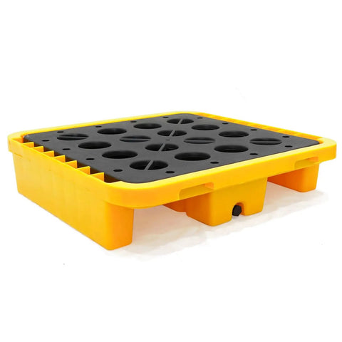 Heavy Duty Modular Spill Containment Pallet With Drain And Grating, Stackable Platform With Forklift Pockets, 2300 Lb Capacity, yellow base